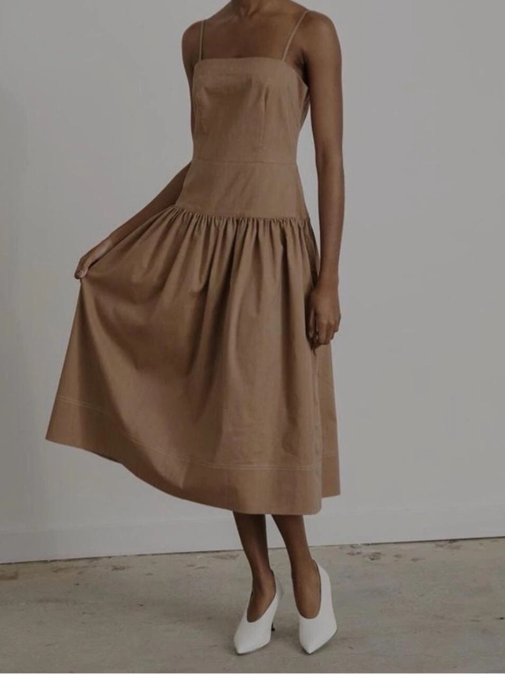 Jeana Sohn Joshua Cotton Linen Drop Waist Midi Dress Tan Brown
